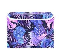 SyXIOP Indigo and Purple Tropical Leaves foldable 40 L clear storage bins stackable with handles heavy duty containers with lids Christmas for Closet and Laundry Storage 42x32x30cm