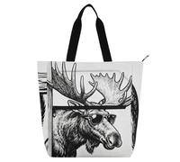 SyXIOP Kid Tote Bag for Book Lovers, Cool Moose Black and White Multiple pockets Heavy Duty Teacher Library Bag for School and Playtime de tela para