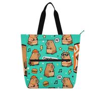 SyXIOP Kids Book Tote for Book Lovers, Cartoon Cute Capybaras Teal 600D Oxford fabric Reusable Grocery Bag with Zipper for School and Playtime bolsa de tela para