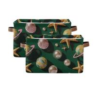 SyXIOP Retro starfishes Pearl Shell Green storage baskets, folding and waterproof serviceable fabric storage cubes with sturdy handle organizing set for home bedroom 2 pack