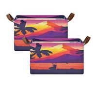 SyXIOP Sunset Coconut Trees Retro Sea Black Basket for Storage with Handles Foldable Closet Organizer for Shelves Bedroom Office Closet Clothes 2 Pack cajas para organizar closet