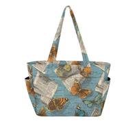 SyXIOP Utility Tote Bag Everyday Shoulder Bag Old Newspaper Butterflies Retro Blue