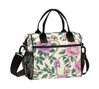 SyXIOP Vintage Pink Flowers Green Leaves William Morris Style Portable Lunch Bag for Men with Shoulder Strap Print Lunch Bags for Women for Gym lonchera para almuerzo Hombres