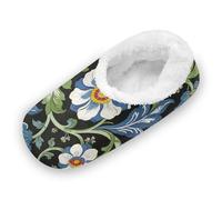 SyXIOP William Morris Blue Retro Flowers Anti-Slip Rubber Sole Women's Closed Back House Slippers Coral Fleece Comfy