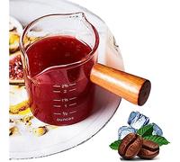 SYXLS Double Spouts Measuring Cup with Wooden Handle, Glass Coffee Mugs with Measuring Function, Double Spouts Milk Cup Clear Glass, with Insulated Handle, Perfect for Home, Office and Café