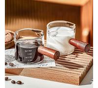SYXLS Double Spouts Measuring Cup with Wooden Handle, Glass Coffee Mugs with Measuring Function, Double Spouts Milk Cup Clear Glass, with Insulated Handle, Perfect for Home, Office and Café