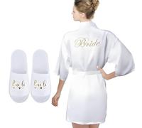 Syylqyr 2 Pcs Bride Dressing Gown und bride slippers Elegant Set Satin Kimono Robe Bridal Slippers Perfect for Wedding Party Spa Cosplay Loungewear Bathrobe Versatile Nightgown for Women (White)