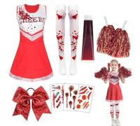 Syylqyr 9 Pcs Zombie Costume Set, Red Cheerleader Outfit Kids Cheerleader Costume, Cheerleading Outfit, Kids Halloween Costumes 140cm Fancy Dress Costumes for Girls for Terror Theme Party