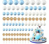 Syzplnwy 108 Pcs Foam Ball Cake Toppers for DIY Cupcake Inserts, Baking Decoration at Birthday Parties, Weddings, Anniversaries(Blue White Gold)