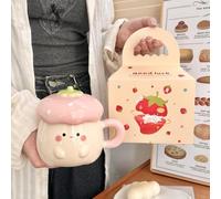 Syzplnwy Cute Cartoon Strawberry Ceramic Mug - Aesthetic Coffee Cup Gift for Women, Birthday Present Idea with Charming Design