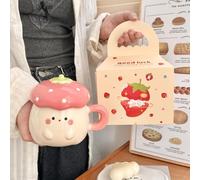 Syzplnwy Cute Cartoon Strawberry Ceramic Mug - Aesthetic Coffee Cup Gift for Women, Birthday Present Idea with Charming Design