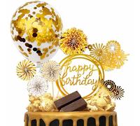 Syzplnwy Golden Theme Cake Toppers Kit with Paper Fans, Acrylic Banner, Sequins Balloons for Birthday & Anniversary Parties