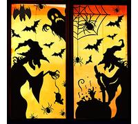 Syzplnwy Halloween Window Clings - 3 Sheets Large Silhouette Decals with Witch, Black Cat, Bat, Spider and Cauldron, Static Cling Stickers for Home School Office Décor