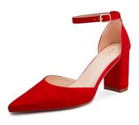 syztsho Women's Closed Pointed Toe Heels Chunky Block Pumps Ankle Strap Dress Shoes for Office Party Wedding, Red, 5 UK