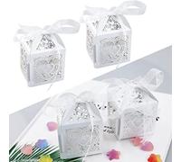 SZCXDKJ 50 Pcs Wedding Boxes, Carved Hollow Small Gift Boxes with Ribbon, Hold Candy Chocolate (5x5x7cm)