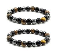 SZCXDKJ Beads Bracelet Triple Protection, 2 Pack 8 mm Tigers Eye & Black Obsidian, Unisex 16cm to 18cm