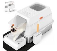 SZEE XL Stainless Steel Litter Box, Top Exit Design, Non Stick, No Smell, Easy Cleaning, Activated Charcoal Odor Control Design, Half/Fully Enclosed Design, Footboard, Trapping Mat & Scoop Included