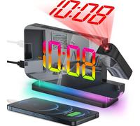 SZELAM Projection Alarm Clock, 7.4 IN Digital Mirror Clocks,with 180° Rotatable Projector, RGB Night Light,USB C Charger Port, Auto Dimmer, LED Desk Clock for Bedroom - Black
