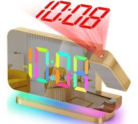 SZELAM Projection Alarm Clock for Bedroom,7.4" LED Mirror Digital Clock Large Display,with 180° Rotatable Projector,RGB Night Light,USB C Port,Auto Dimmer, Loud Desk Clock for Heavy Sleeper - Gold