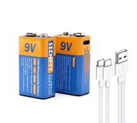 SZEMPTY Lithium 9 V Rechargeable Batteries, 6F22 USB Li-Ion 9 V Battery Rechargeable, 650 mAh with Type C Charging Cable, Quick Charge in 1.5 Hours, (Pack of 2) (9 V USB Battery x 2)