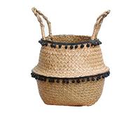 SZETOSY Natural Seagrass Storage Basket - GOODCHANCEUK Seagrass Belly Basket With PomPom Foldable Woven Basket With Handle for Laundry, Toys or Planters,Nursery Style#6 32x28CM