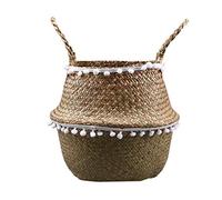 SZETOSY Natural Seagrass Storage Basket - GOODCHANCEUK Seagrass Belly Basket With PomPom Foldable Woven Basket With Handle for Laundry, Toys or Planters,Nursery Style#5 22x20CM