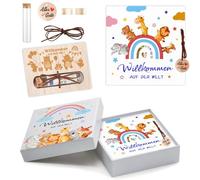 Szhhrxi High Quality Forest Animals Birth Hollow Folding Card, Baby Birth Gift Set with Wooden Greeting Card and Sample Tube - Gift Box Welcome to the World - Ideal Birth Gift & Christening Gift