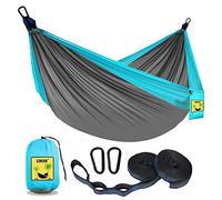 SZHLUX Camping Hammock Double & Single Portable Hammocks with 2 Tree Straps and Attached Carry Bag,Great for Outdoor,Indoor,Beach,Camping,Light Grey/Sky Blue