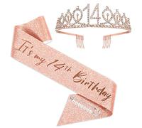 SZHUIHER 14th Birthday Sash and Tiara Set for Girls - Rose Gold Crown and 'It's My 14th Birthday' Sash - Party Favor Supplies and Gifts