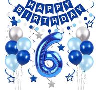 SZHUIHER 6th Birthday Decorations for Boys, Blue Number 6 Birthday Balloon, Banner, Garlands, Swirls, 40 Inch, 10 Balloons, 2m Garland, 6 Swirls