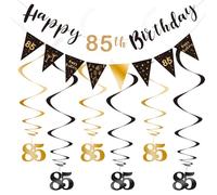 SZHUIHER 85th Birthday Decoration Kit, Happy Birthday Banner, Triangle Banner, Hanging Swirls, Black and Gold, Cardboard and Foil, Other Shape, Decoration Set