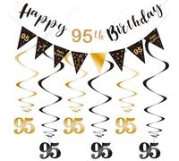 Szhuiher 95th Birthday Decoration Kit, Happy 95th Birthday Banner Bunting Swirls Streamers, Triangle Flag Banner for Birthday Party Decorations Supplies Black and Gold 95th