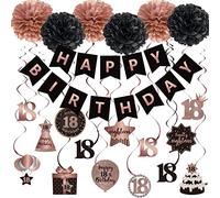 SZHUIHER Happy 18th Birthday Hanging Swirls Streamers Decoration Set, Happy Birthday Banner with Tissue Pompoms, Rose Gold and Black 18 Years Old Birthday Party Hanging Backdrop Decorations