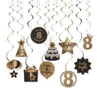 SZHUIHER Happy 8th Birthday Party Hanging Swirls Streams Ceiling Decorations, Celebration 8 Foil Hanging Swirls with Cutouts for 8 Years Old Black and Gold Birthday Party Decorations Supplies