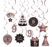 SZHUIHER Happy 9th Birthday Hanging Swirls Streams Ceiling Decorations, Celebration 9 Foil Hanging Swirls with Cutouts for 9 Years Old Rose Gold Birthday Party Decorations Supplies