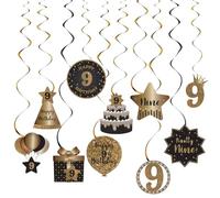 SZHUIHER Happy 9th Birthday Party Hanging Swirls Streams Ceiling Decorations, Celebration 9 Foil Hanging Swirls with Cutouts for 9 Years Old Black and Gold Birthday Party Decorations Supplies