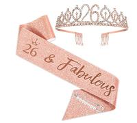 SZHUIHER Rose Gold 26th Birthday Crown Tiara and Sash for Girls - Fabulous Party Favor Supplies and Gifts