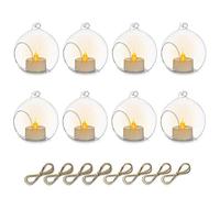 Sziqiqi 8cm Hanging Glass Tealight Candle Holder with LED Candle, 8Pcs Hanging Tea Light Glass Globe Terrarium Candle Holder Ornament for Wedding Christmas Birthday Halloween Party Centerpieces Decor