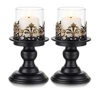 Sziqiqi Black Pillar Candle Holders, with Hurricane Glass, Set of 2 Large