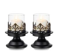 Sziqiqi Black Shabby Chic Pillar Candle Holder Set for Tables - Gothic Candlestick Holder Rustic Glass Hurricane Candle Holders Centrepieces for Mantlepiece Fireplace Dinner Desk Tabletop Ornament