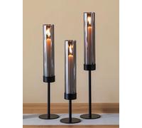 Sziqiqi Black Smoked Glass Candle Holders for Taper Candles - Set of 3 Metal Candle Sticks with Hurricane Glass for Table Decor, Modern Tall Candle Holders for Outdoors, Christmas & Living Room