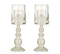 Sziqiqi Candle Holder, 2 Pcs Vintage Pillar Holders Set, Iron Tall Candle Holders, Removable Glass Hurricane, Wedding Party Decor, L+L, Distressed, Ivory