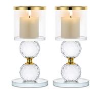 Sziqiqi Crystal Clear Pillar Candle Holder Set of 2, Glass Candlestick Holders Tealight Candle Stand Table Top Centerpieces for Living Room Wedding Banquet Mantlepiece Fireplace Decor, Gold Rim