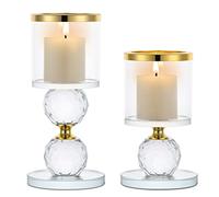 Sziqiqi Crystal Pillar Candle Holder Set of 2, Clear Glass Candlestick Holders Tealight Candle Stand Candlelight Dinner Table Centerpiece for Wedding Gifts Mantlepiece Fireplace Decoration, Gold Rim