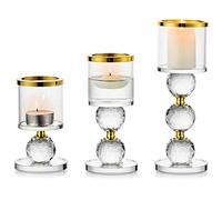 Sziqiqi Crystal Pillar Candle Holder Set of 3, Clear Glass Candlestick Holders Tealight Candle Stand Candlelight Dinner Table Centerpiece for Wedding Gifts Mantlepiece Fireplace Decoration, Gold Rim