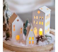 Sziqiqi Decorative Candle Lantern with LED Candles for Christmas Decor, Small House Tealight Candle Holders Set of 3, Metal Lantern Candle Light House for Window Sill Mantel Fireplace