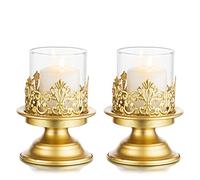 Sziqiqi Gold Pillar Candle holders for Table Centrepieces - Vintage Metal Candlestick Holder Glass Hurricane Candle Holders for Living Room Dining Room Bedroom Office Christmas Table Decoration