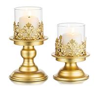 Sziqiqi Gold Pillar Candle holders for Table Centrepieces - Vintage Metal Candlestick Holder Glass Hurricane Candle Holders for Living Room Dining Room Bedroom Office Christmas Table Decoration