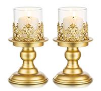 Sziqiqi Gold Pillar Candle Holders, with Hurricane Glass, Set of 2 Large