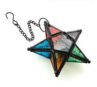 Sziqiqi Hanging Glass Star Lantern: Multicolour Tea Light Candle Holders | with Floral-Patterned, Metal Frame, Chain, Fits Tealight, Votive, for Wedding, Christmas, Anniversary, Home, Garden, Window